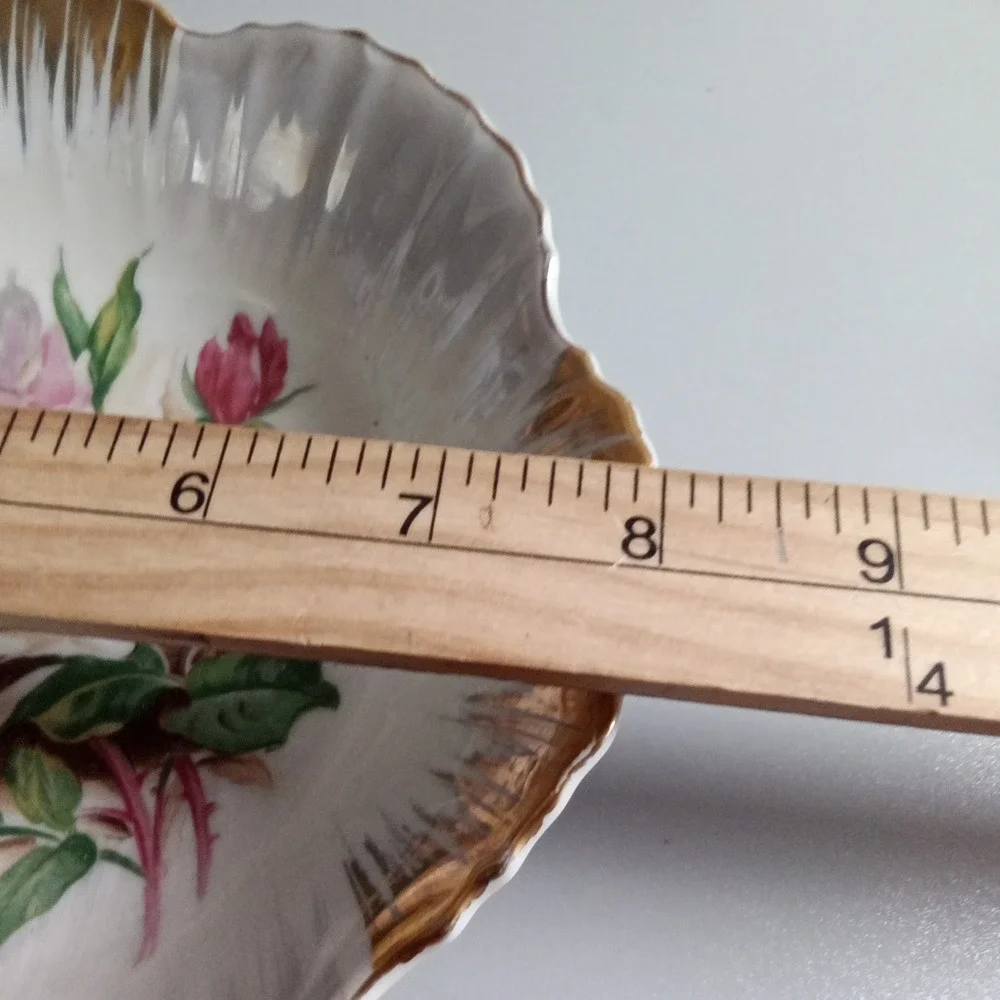 Vintage Porcelain Scalloped Rose Bowl Gold Trim Pierced Handle Floral 8 Inch